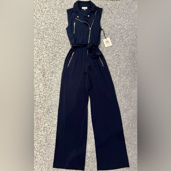 NWT Calvin Klein Indigo Stretchy Jumpsuit with Gold Accents Size 2 - Picture 1 of 8